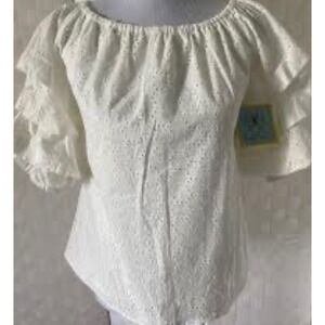 CeCe‎ White Eyelet Lace Overlay Layered Puff Sleeve Blouse XS